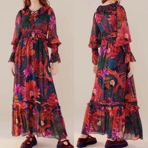 NWT Farm Rio Bird Flowers Tiered Maxi Dress Jungle Multi Color Size S